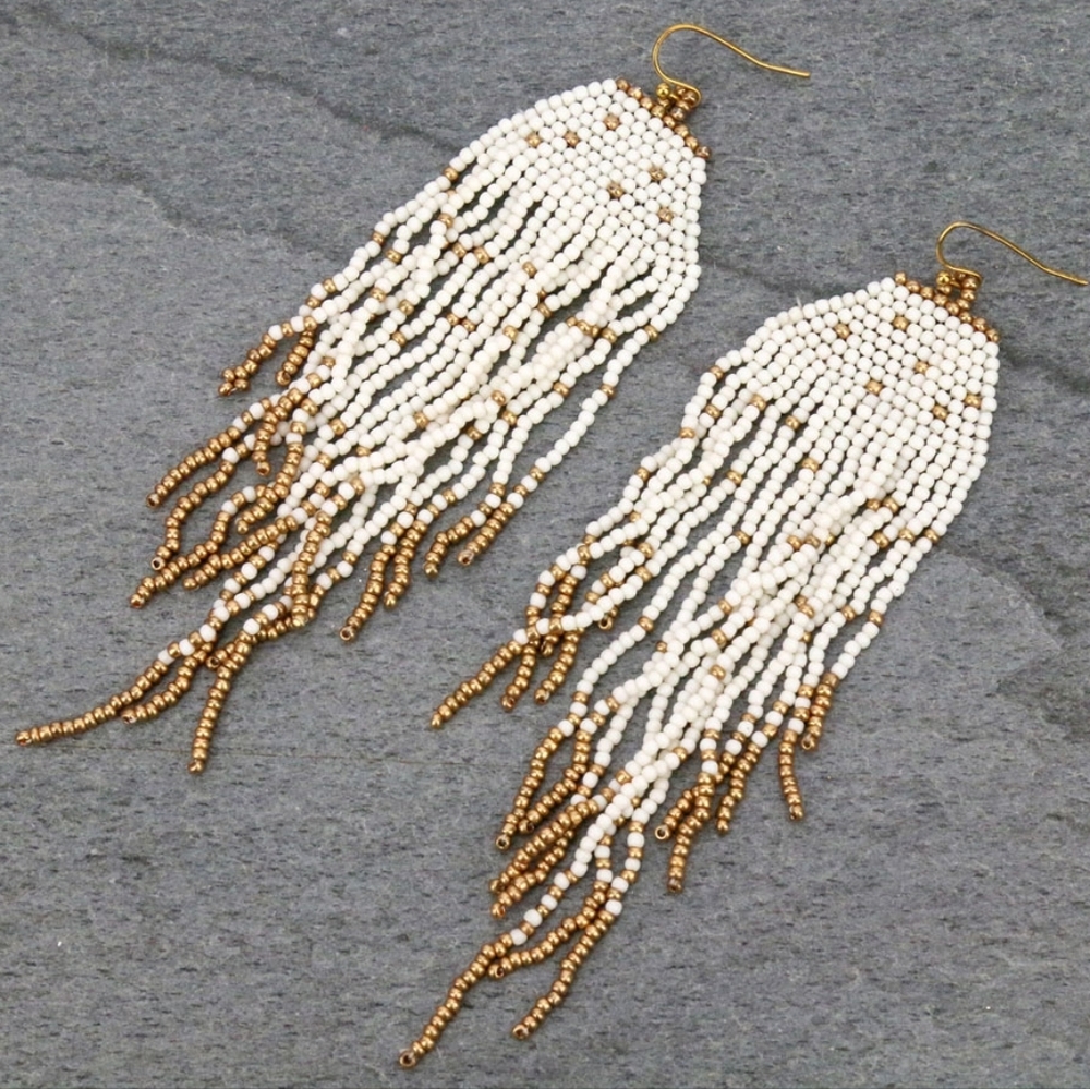 NWT Gold and White Boho Beaded Fringe Earrings with Cascading Design
